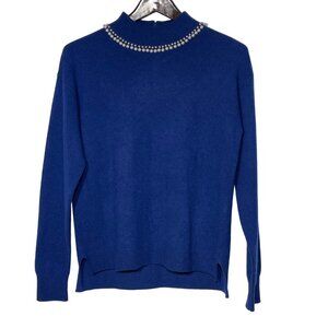 Kier + J Cashmere Pearl Accent Mock Neck Sweater Blue Sz SM Classy Elegant
